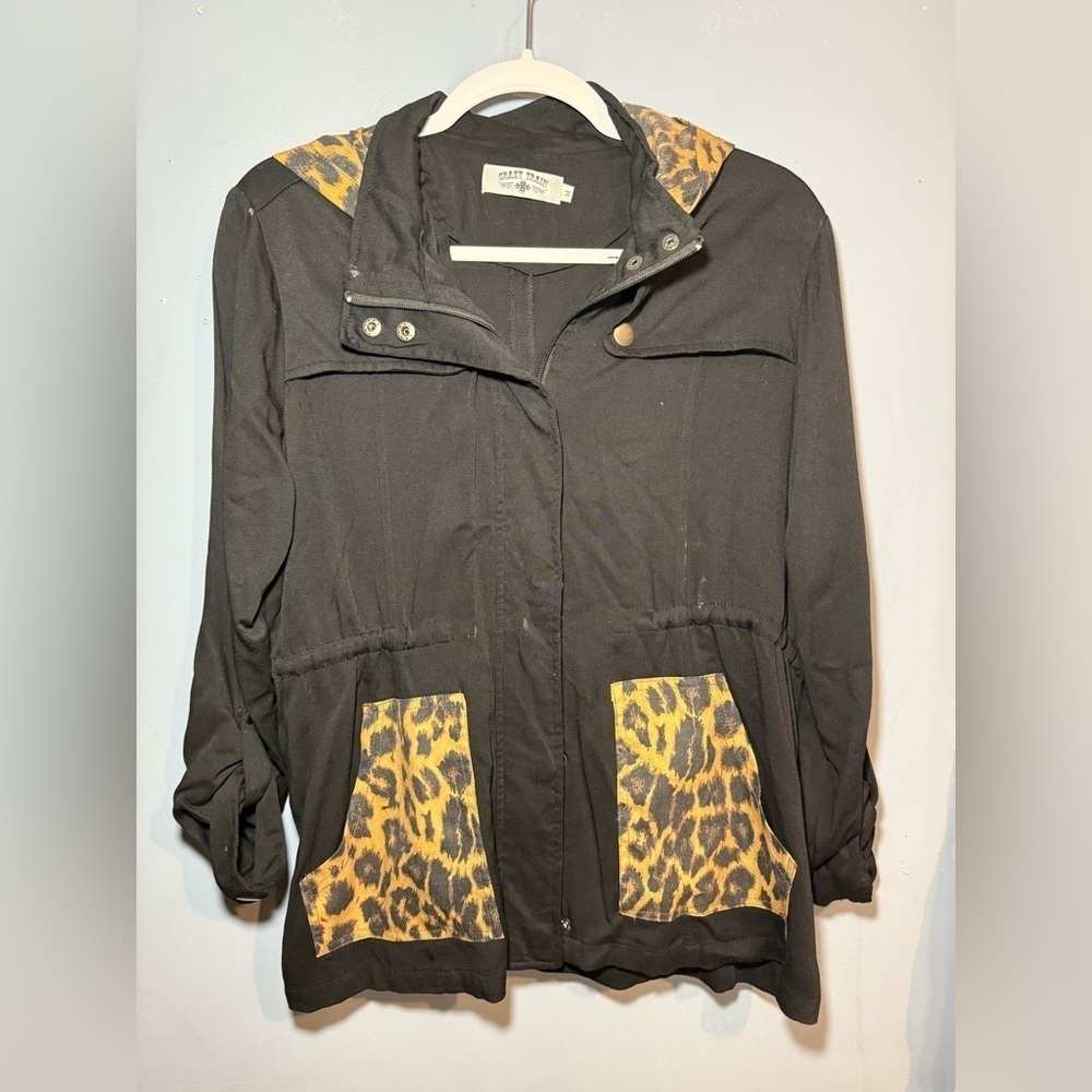 Crazy Train Black and Brown Utility Jacket with Leopard Accents, medium